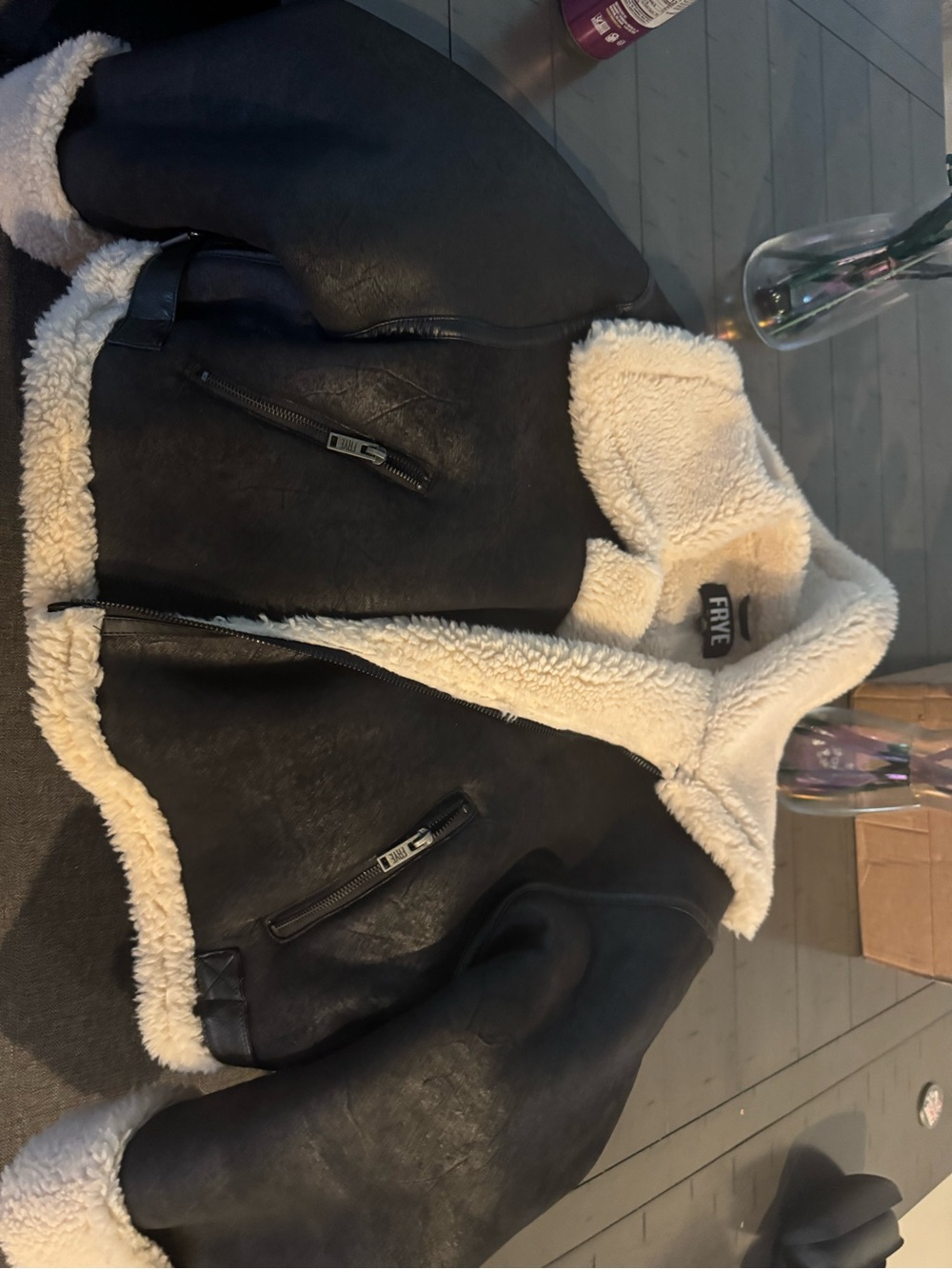 Frye Black Bomber Jacket with Cream Shearling Trim